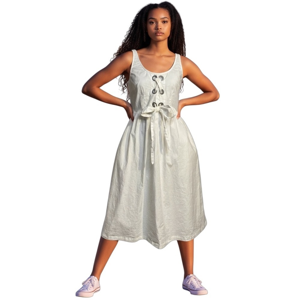 WHO WHAT WEAR White Cotton Rivet Front Tie Corset Style Dress